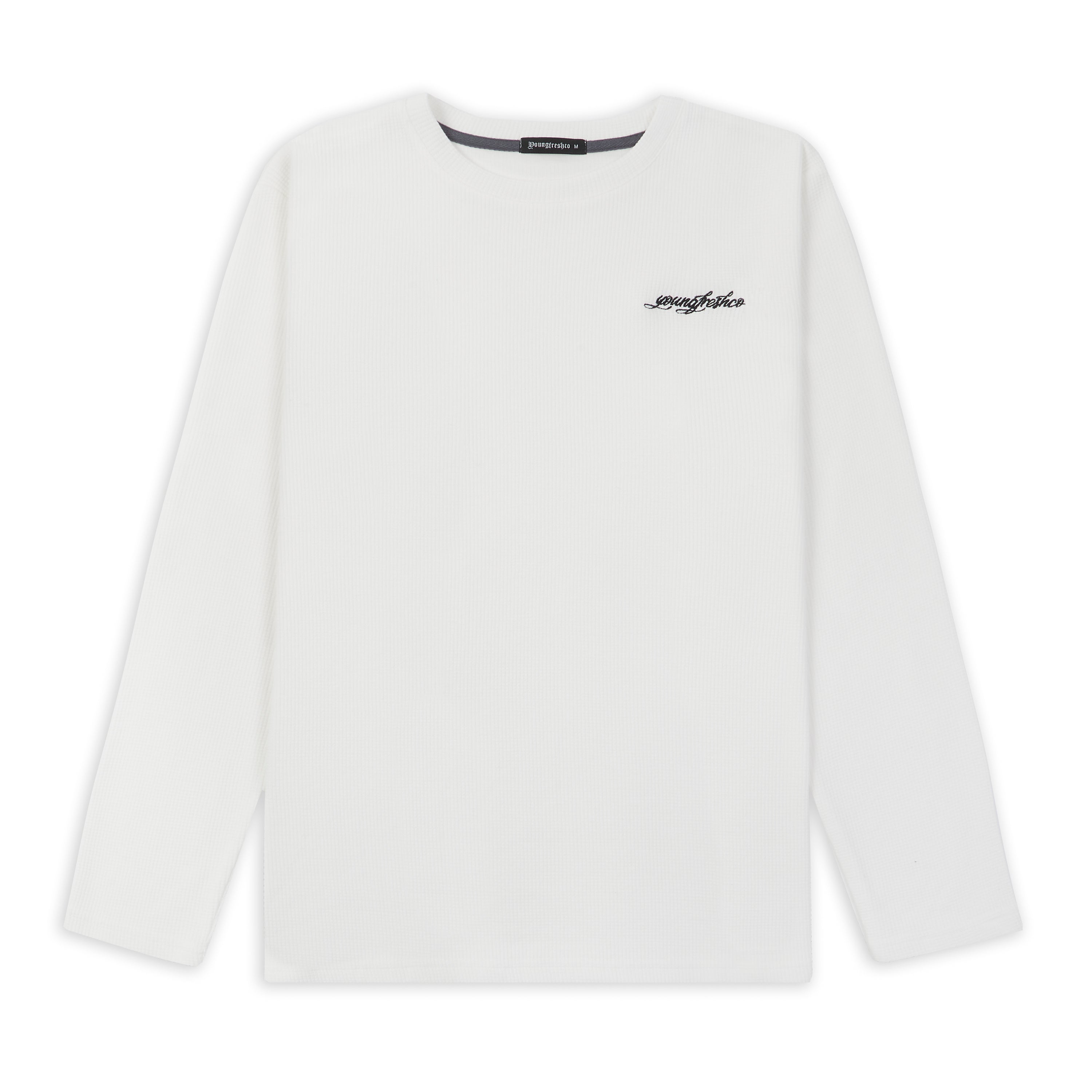 White basic waffle knit long sleeve t shirt