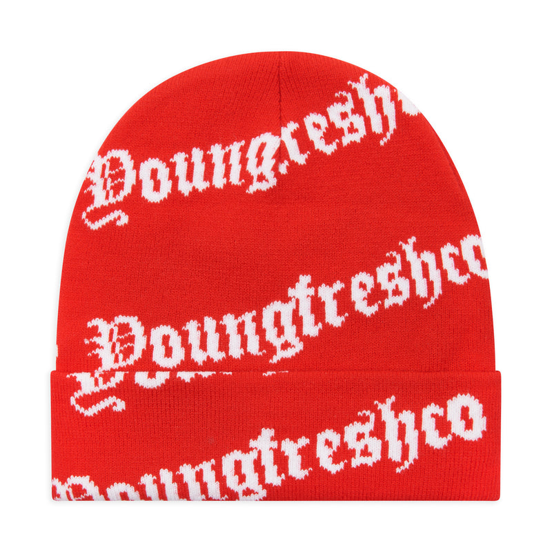 Red all over print logo beanie