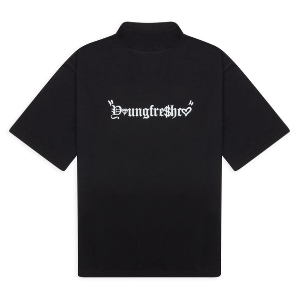 Extended Collar Black Graphic Logo T-Shirt