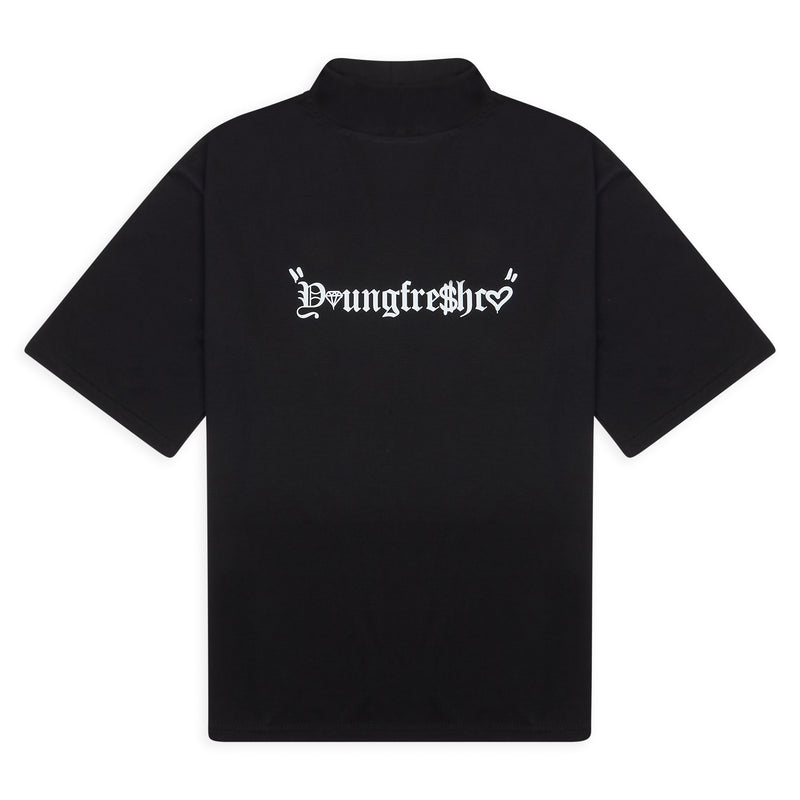 Extended Collar Black Graphic Logo T-Shirt