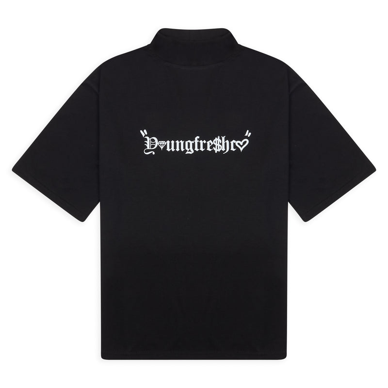 Extended Collar Black Graphic Logo T-Shirt